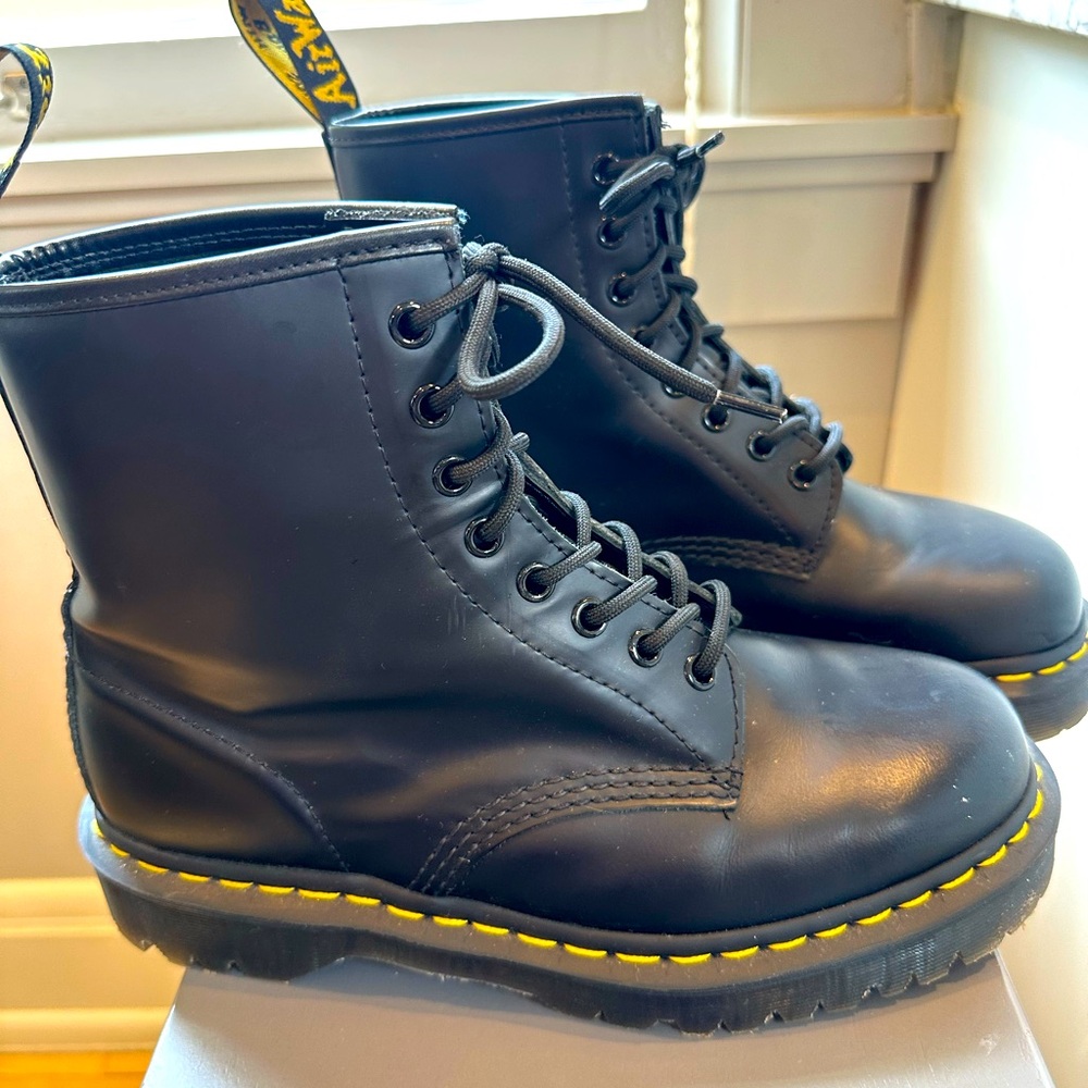 Dr. Martens Women's Black Leather Combat Boots with Yellow Stitching